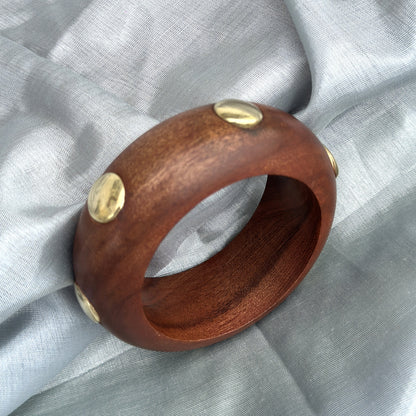Golden Stud Charm Wooden Cuff Bangle for Women and Girls