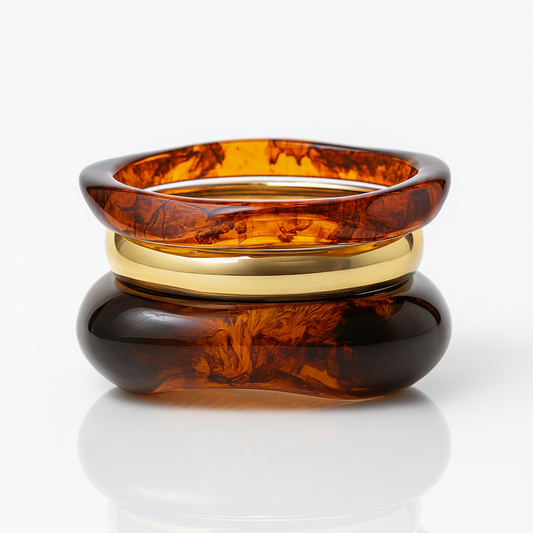 Women’s Trendy Resin Bangle Set – Glossy Gold Tone Bracelet with Tortoise Shell & Amber Marbled Acrylic Bangles | Fashion Jewellery for Parties, Casual Wear & Gifting